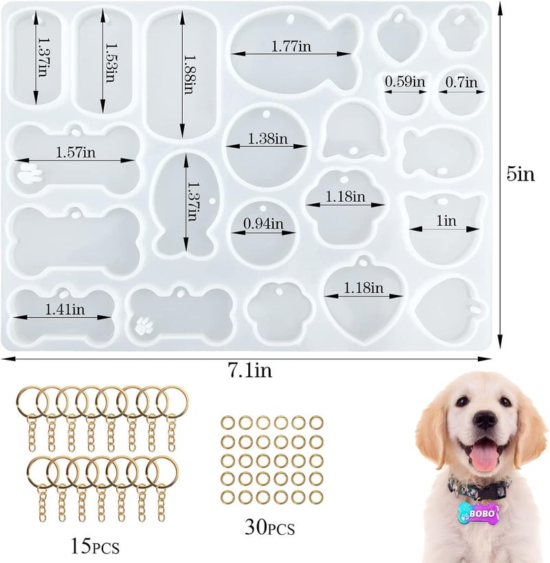 Actvty Pet Tag Resin Mold Silicone, Dog Tag Molds for Resin, Dog Bone Cat Shaped Keychain Silicone Resin Molds with 15Pcs Keychains DIY Crafts Making Tag Charm Pendant - Image 2